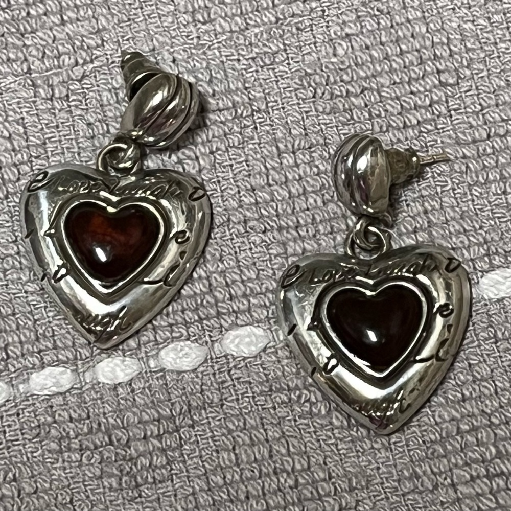 Brighton Love Laugh Heart Shape Silver Tone Dangle Post Earrings Retired item - Picture 5 of 5